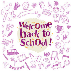 Vector back to school doodle set illustration. Free hand drawn education elements collection isolated on white background. Different school objects scattered. Lettering greeting. Line art.