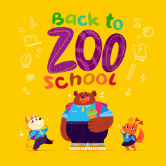 Vector flat collection of cartoon school animal students isolated.