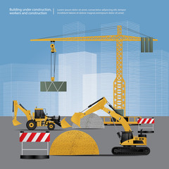 Construction Vehicles on Site Vector Illustration