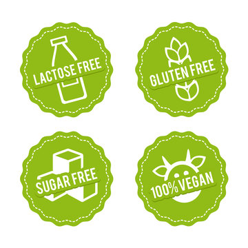 Set of Allergen free Badges. Lactose free, Gluten free, Sugar free, 100% Vegan. Vector hand drawn Signs. Can be used for packaging Design.