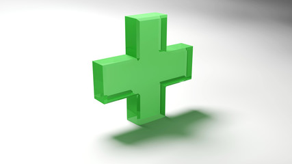 Green cross on white surface - 3D rendering