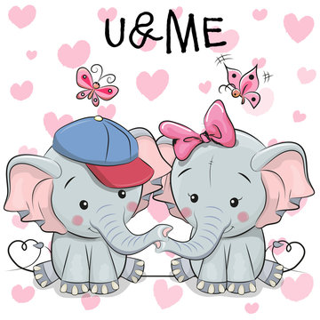 Two Cute Cartoon Elephants and butterflies