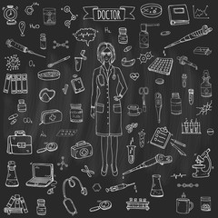 Hand drawn doodle Doctor icons set Vector illustration Sketch Nurses and medical staff. Medical hospital concept in cartoon design people character. Healthcare symbols collection: laboratory equipment