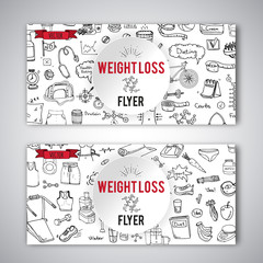 Hand drawn doodle Weight loss icons set Vector illustration dieting symbols collection Cartoon sketch elements Diet Sport equipment Healthy food eating Nutrition Protein Carbs Fats chemical formula