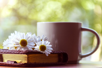 Mug, daisies, Notepad, glasses. The concept of a Sunny summer morning.