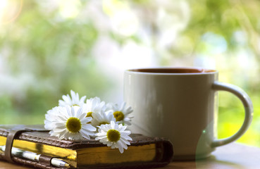 Mug, daisies, Notepad, glasses. The concept of a Sunny summer morning.