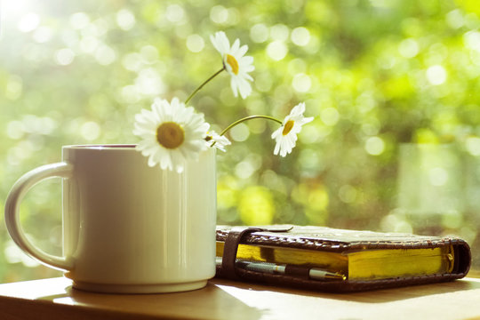 Mug, daisies, Notepad, glasses. The concept of a Sunny summer morning.