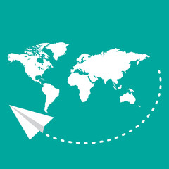 Vector world map with paper planes