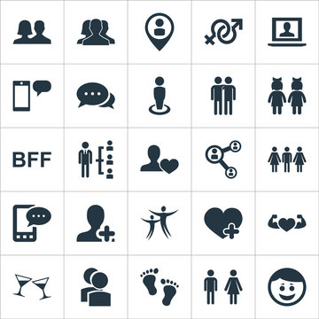 Vector Illustration Set Of Simple Buddies Icons. Elements Fellows, Talk, Love And Other Synonyms Male, Happy And Dance.