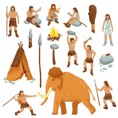 Primitive People Flat Cartoon Icons Set