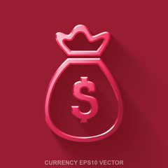 Flat metallic banking 3D icon. Red Glossy Metal Money Bag on Red background. EPS 10, vector.