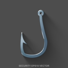 Flat metallic safety 3D icon. Polished Steel Fishing Hook on Gray background. EPS 10, vector.