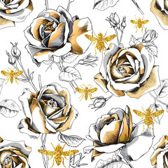 Seamless pattern with image of a gold rose flowers and glitter bees on a white background. Vector illustration.