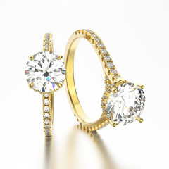 3D illustration two yellow gold diamonds rings with reflection