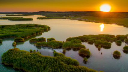 Aerial view Reeds island in the lake on Hungary, Sukoro, Velence.