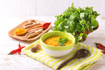 Masoor dal - Indian lentil cream soup. Curry Hyderabadi Khatti