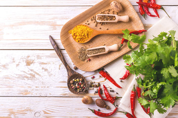 Indian Asian spices and cilantro. Copyspace. Top view