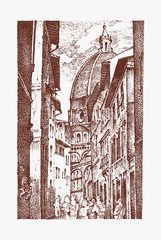 landscape in European town Florence in Italy . engraved hand drawn in old sketch and vintage style. historical architecture with buildings, perspective view. Travel postcard. Santa Maria del Fiore.