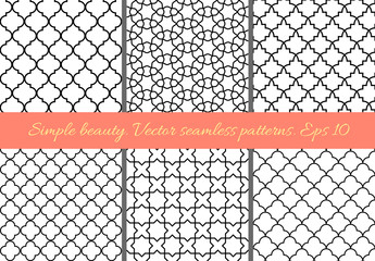 Stoffe zum Nähen Reihe von geometrischen Musterdesigns im orientalischen Stil. Gitter, Vierpass, Fliesen. Marokko, Arabisch, traditionelle geometrische Hintergründe.