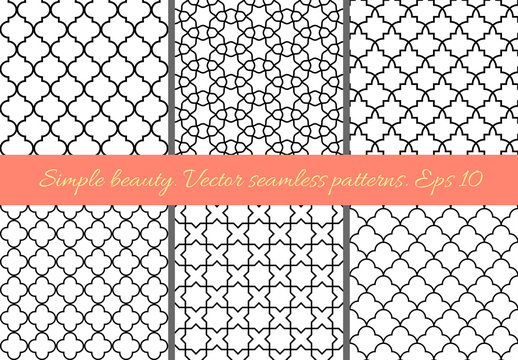 Set of geometric seamless patterns in Oriental style. Lattice, quatrefoil, tiles. Moroccan, arabic, traditional geometric backgrounds.