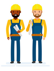 Construction workers. Isolated against white background. Vector illustration. Cartoon flat style.