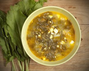 щавель свежий зелёный лежит на столе 