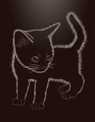 Little kitten black and white greeting card, vector illustration