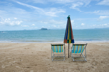 Beach chairs and umbrellas