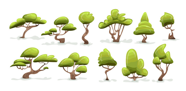 Green tree set. Cartoon vector illustration, isolated on white background.