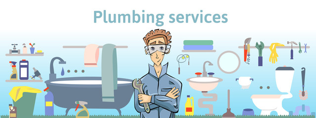 Plumbing services. Plumber man holding a wrench. Horizontal vector illustration for header of website or brochure.
