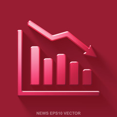 Flat metallic news 3D icon. Red Glossy Metal Decline Graph on Red background. EPS 10, vector.
