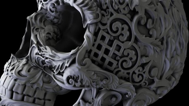 Carved white skull spinning with alpha channel. Seamless animation background.