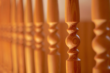 Wooden balusters, pine stairs, focus