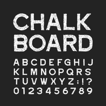 Chalk board alphabet font. Distressed vintage letters and numbers on a dark background. Vector typeface for your design.