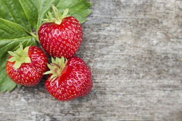 three strawberries on wood background