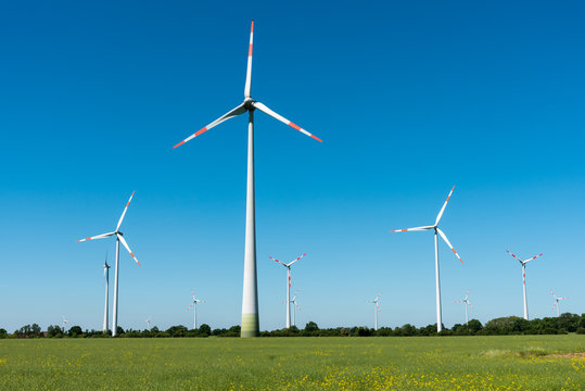 Wind power generators seen in rural Germany