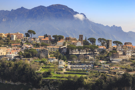 Ravello, Duomo, Villa Rufolo, terraces and mountains, from Scala, Amalfi Coast, Campania