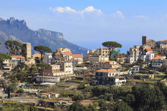 Ravello, backed by mountains and sea, elevated view from Scala, Amalfi Coast, Campania