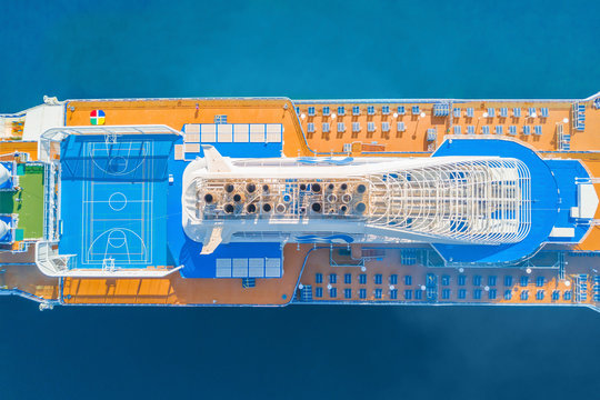 Top view of a cruise ship with a sports grounds