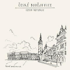 Ceske Budejovice (Budweis), Bohemia, Czech Republic.Travel hand drawn vintage touristic postcard