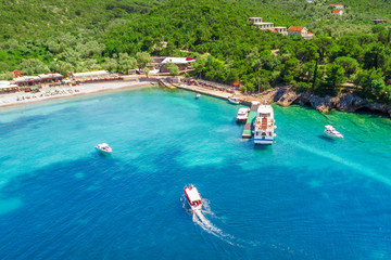 Top view of beach and mooring for ships and boats