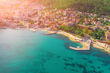 City by the sea in the sunlight, top view