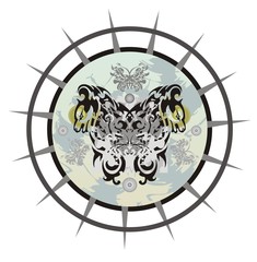 Tribal circle of a young dragon butterfly in the dog form. Grunge circle with a dragon butterfly against the background of a star