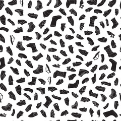 Kids shoes, set, collection of fashion footwear, seamless pattern. Baby, girl, boy, child, childhood. Vector design isolated illustration. White outlines, black silhouettes, white background.