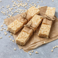 Crispy rice bars with honey and marshmallows. Healthy snack. Selective focus