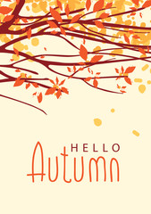 Vector banner with the words Hello autumn. Autumn landscape with autumn leaves on the branches of trees in a Park or forest