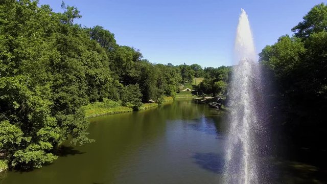 Aerial view of the national dendrological park Sofiyivka. View of the Snake Fountain and Flora Pavilion