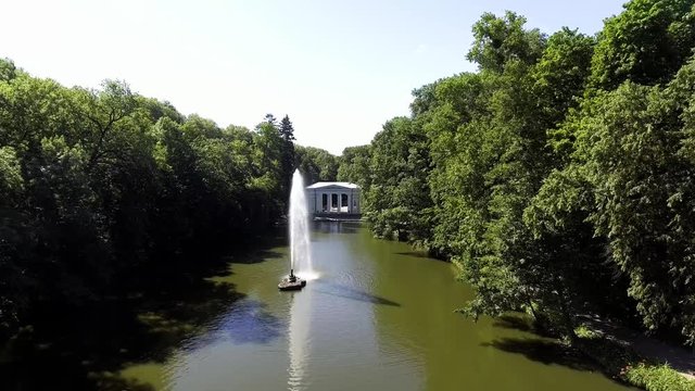 Aerial view of the national dendrological park Sofiyivka. View of the Snake Fountain and Flora Pavilion