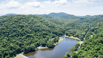 Fototapeta na wymiar aerial picture from drone: Tropical forest with reservoir