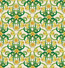 Seamless vintage pattern in small narcissus. Art nouveau millefleurs. Daffodil the symbol of Wales. Floral background for textile, wallpaper, surface, print, gift wrap, scrapbooking, decoupage.